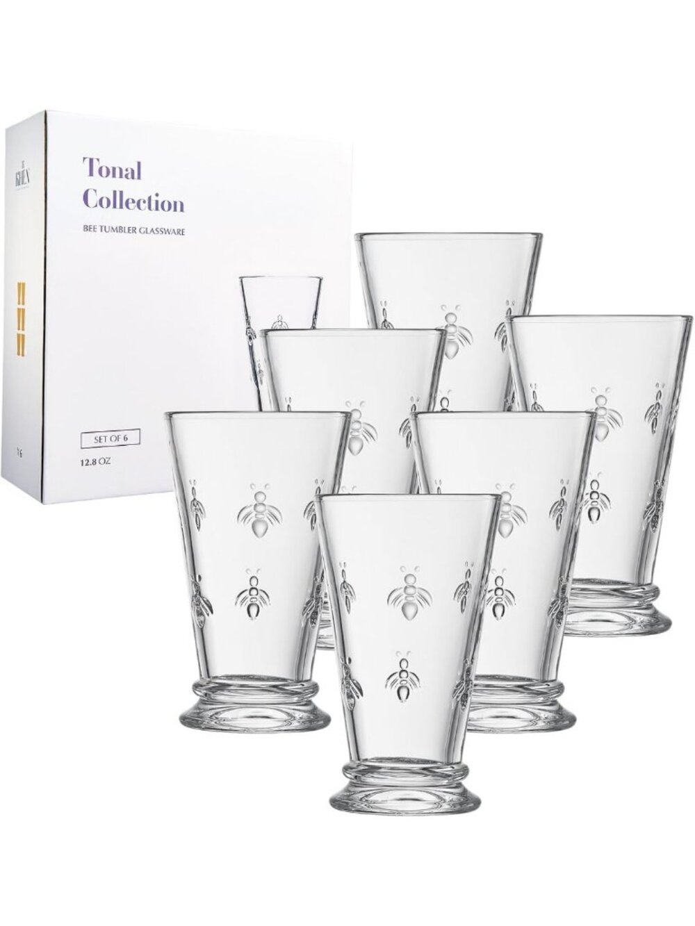 Set of 6 Embossed Bee Highball Glasses | Clear Crystal 13 OZ Drinking Glasses